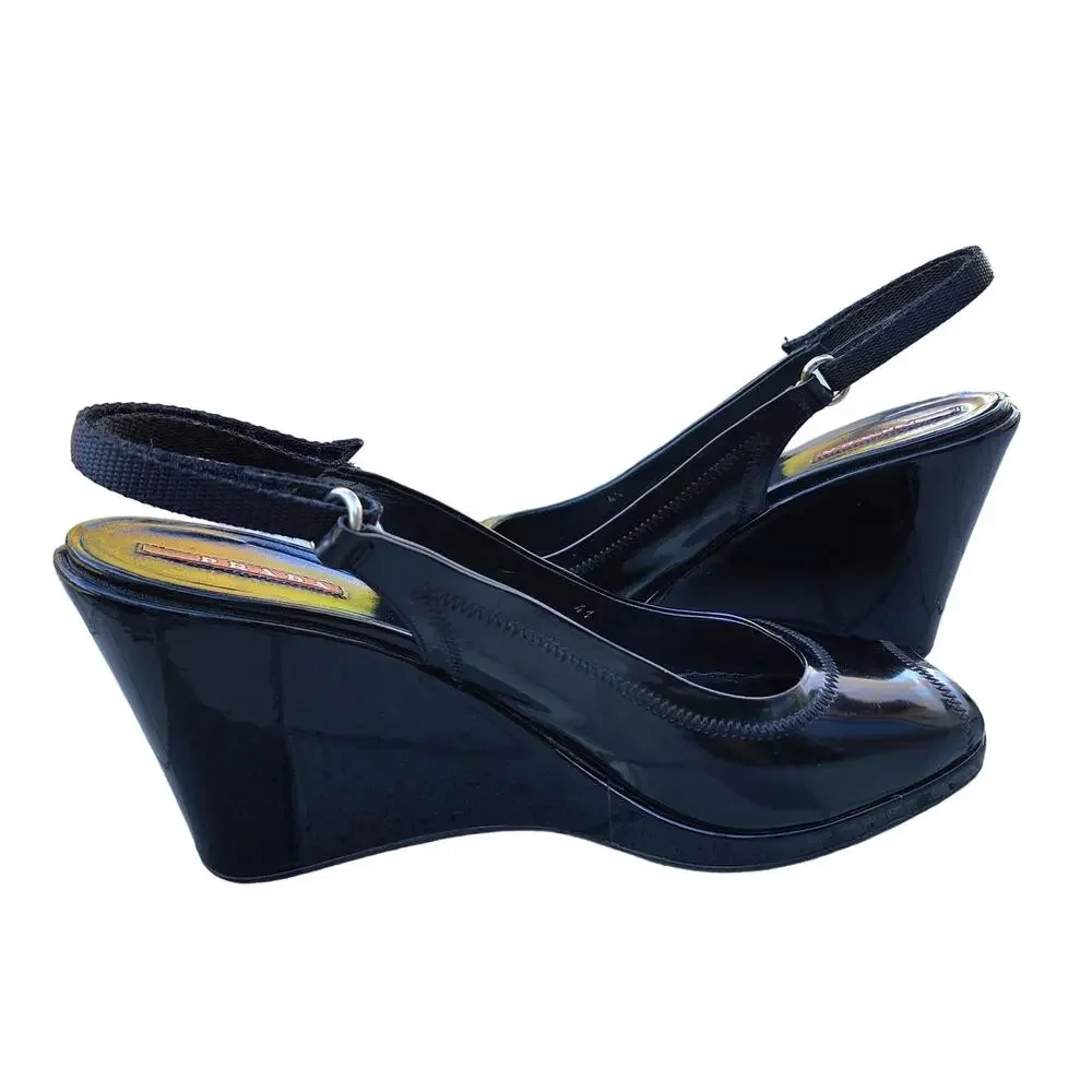 Prada Black Sport Patent Leather Peep Toe Wedge Slingback Sandals 41